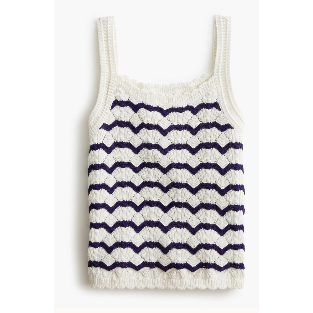 J Crew Squareneck Crochet Tank Top Navy White Chevron Cotton Medium Nautical